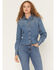 Image #1 - Wrangler Women's Medium Wash Peplum Long Sleeve Snap Denim Shirt, Medium Wash, hi-res