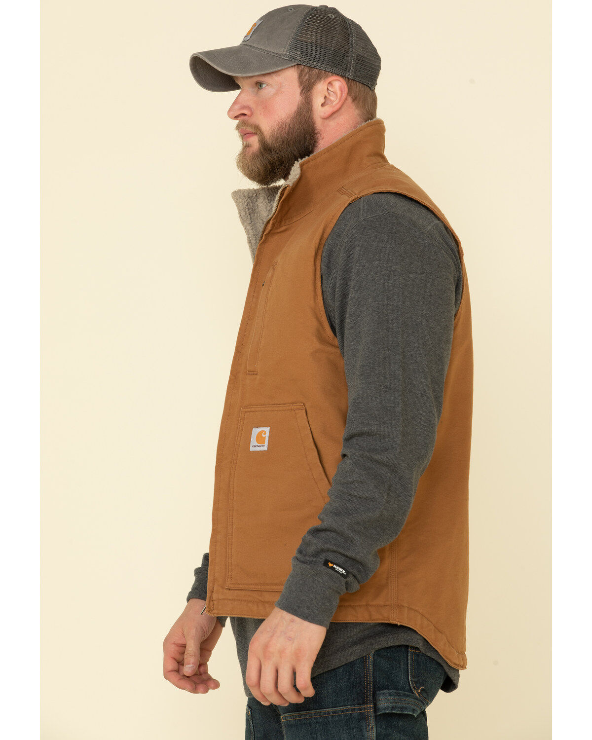 Image #4 - Carhartt Men's Brown Washed Duck Sherpa Lined Mock Neck Work Vest - Tall, Brown, hi-res