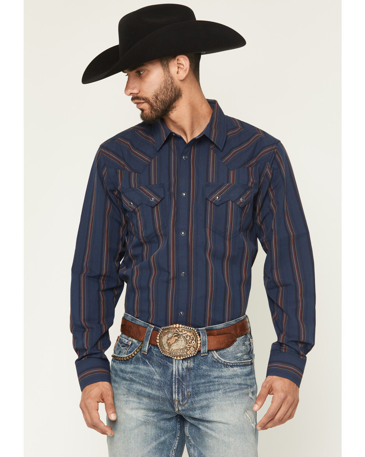 Moonshine Spirit&reg; Men's Riff Stripe Print Long Sleeve Snap Western Shirt, Navy, hi-res