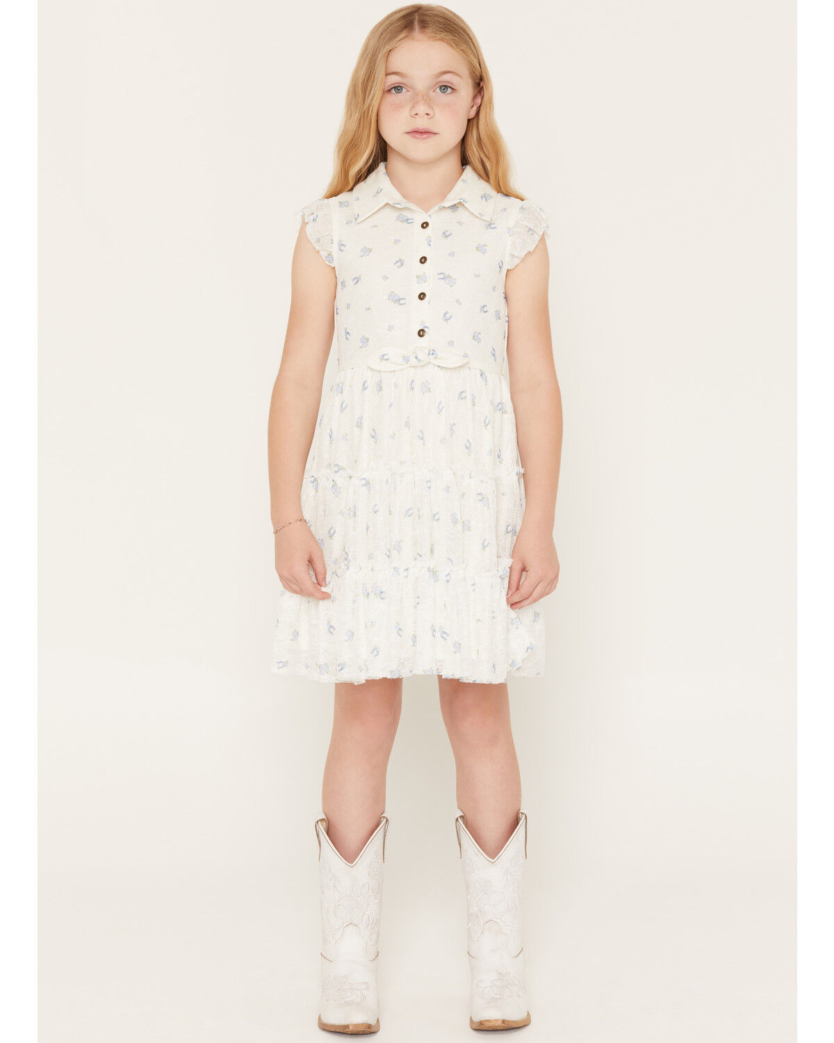Image #1 - Sugar California Girls' Horseshoe Floral Print Lace Button-Down Dress, White, hi-res