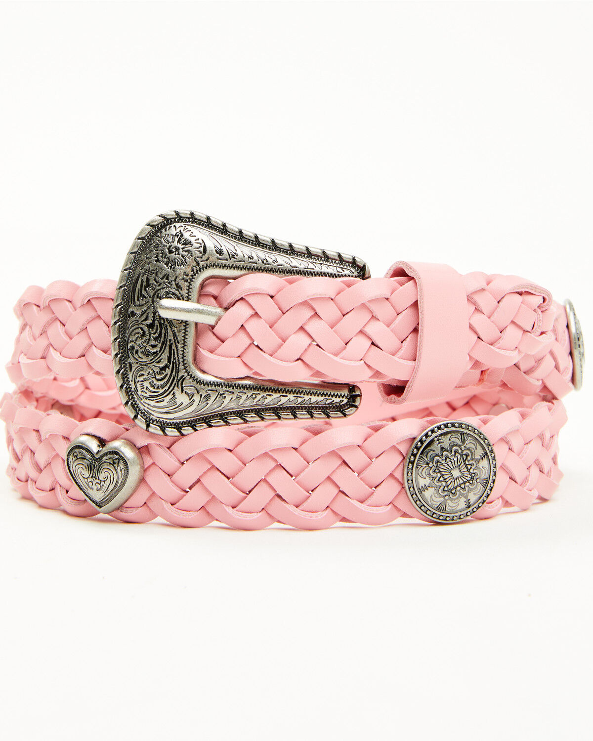 Image #1 - Shyanne Girls' Luella Heart Concho Braided Belt, Pink, hi-res