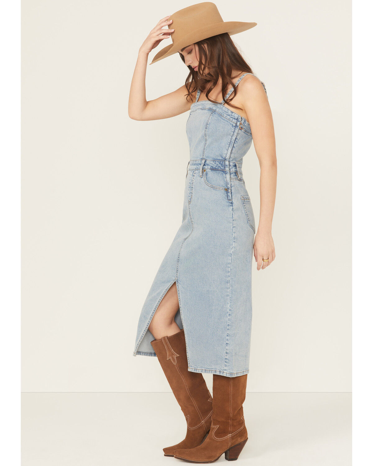 Image #2 - Rock & Roll Denim Women's Light Wash Detachable Strap Denim Midi Dress, Light Wash, hi-res