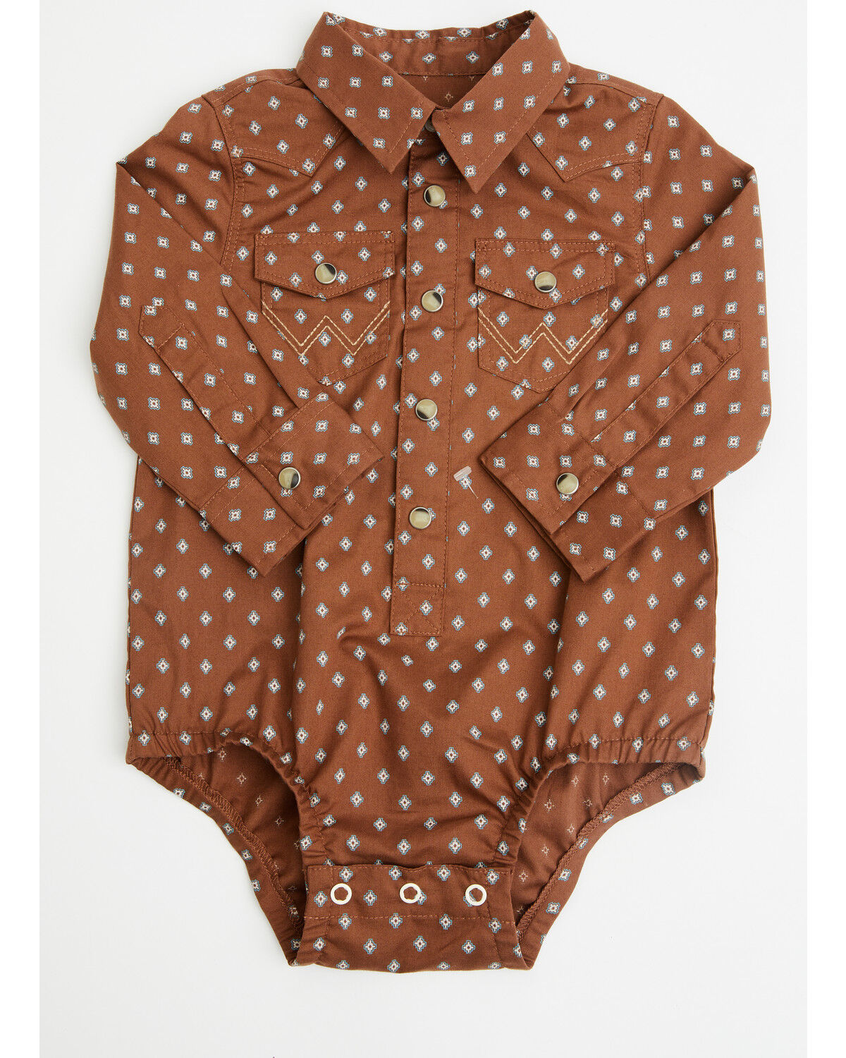 Wrangler Infant Boys' Boot Barn Exclusive Geo Print Long Sleeve Snap Onesie, Brown, hi-res