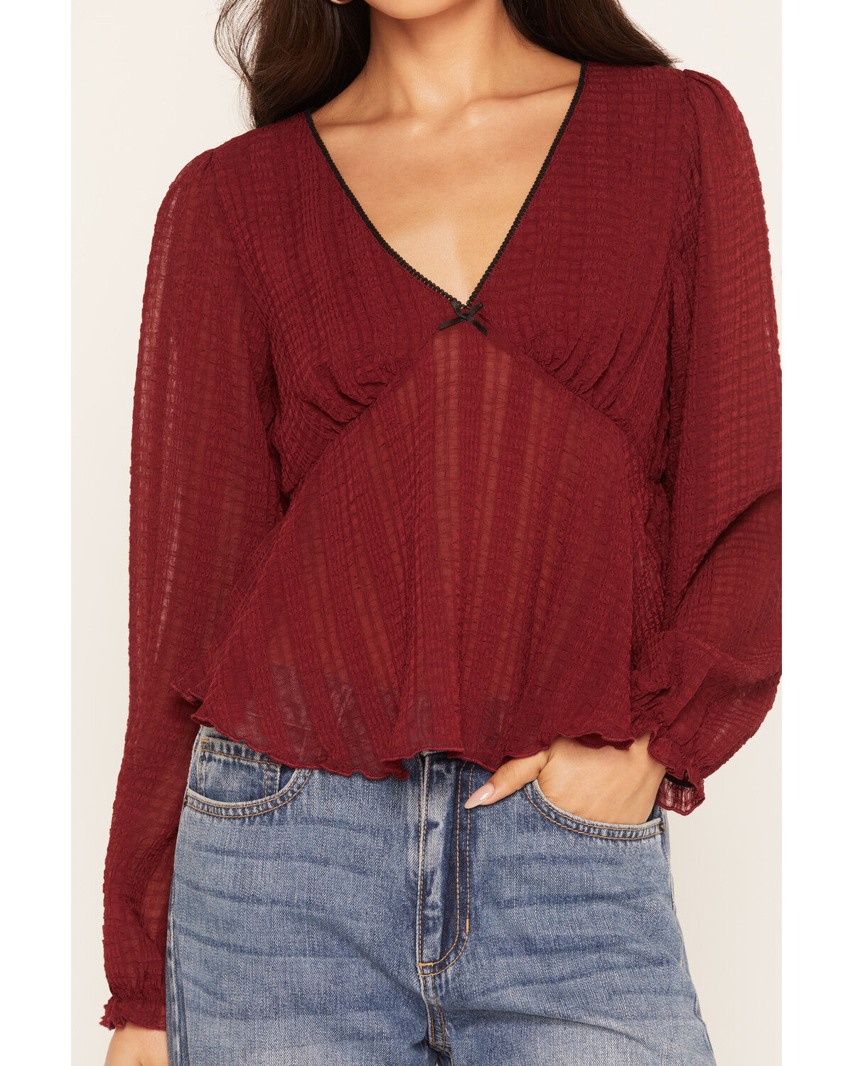 Image #3 - Wonderwest Women's Long Sleeve Bow Trim Top, Dark Red, hi-res