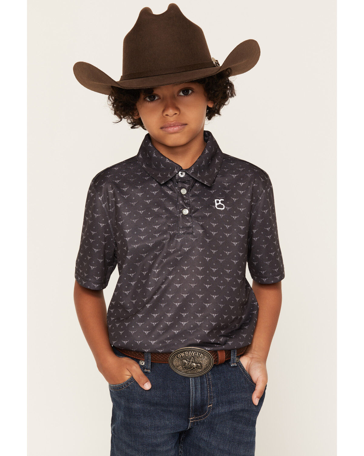 Image #1 - Panhandle Slim Boys' Steer Head Print Short Sleeve Polo, Black, hi-res