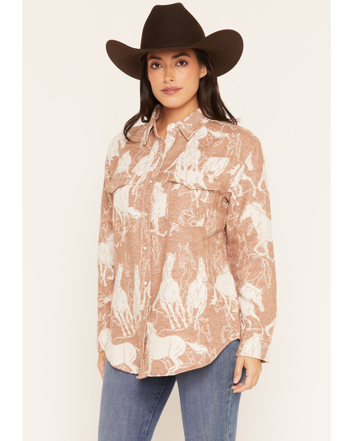 Image #1 - Wrangler Retro Women's Running Horses Long Sleeve Snap Boyfriend Shirt, Brown, hi-res