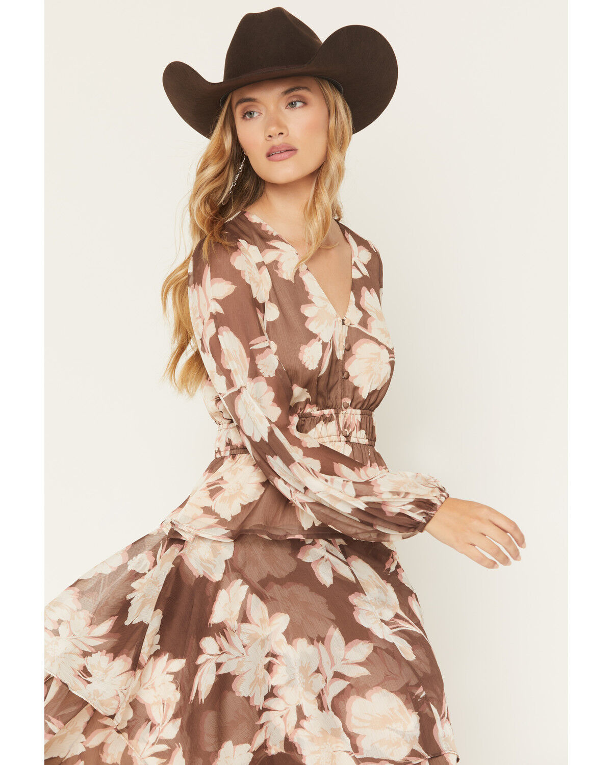 Image #1 - Shyanne Women's Floral Print Long Sleeve Chiffon Shirt, Brown, hi-res