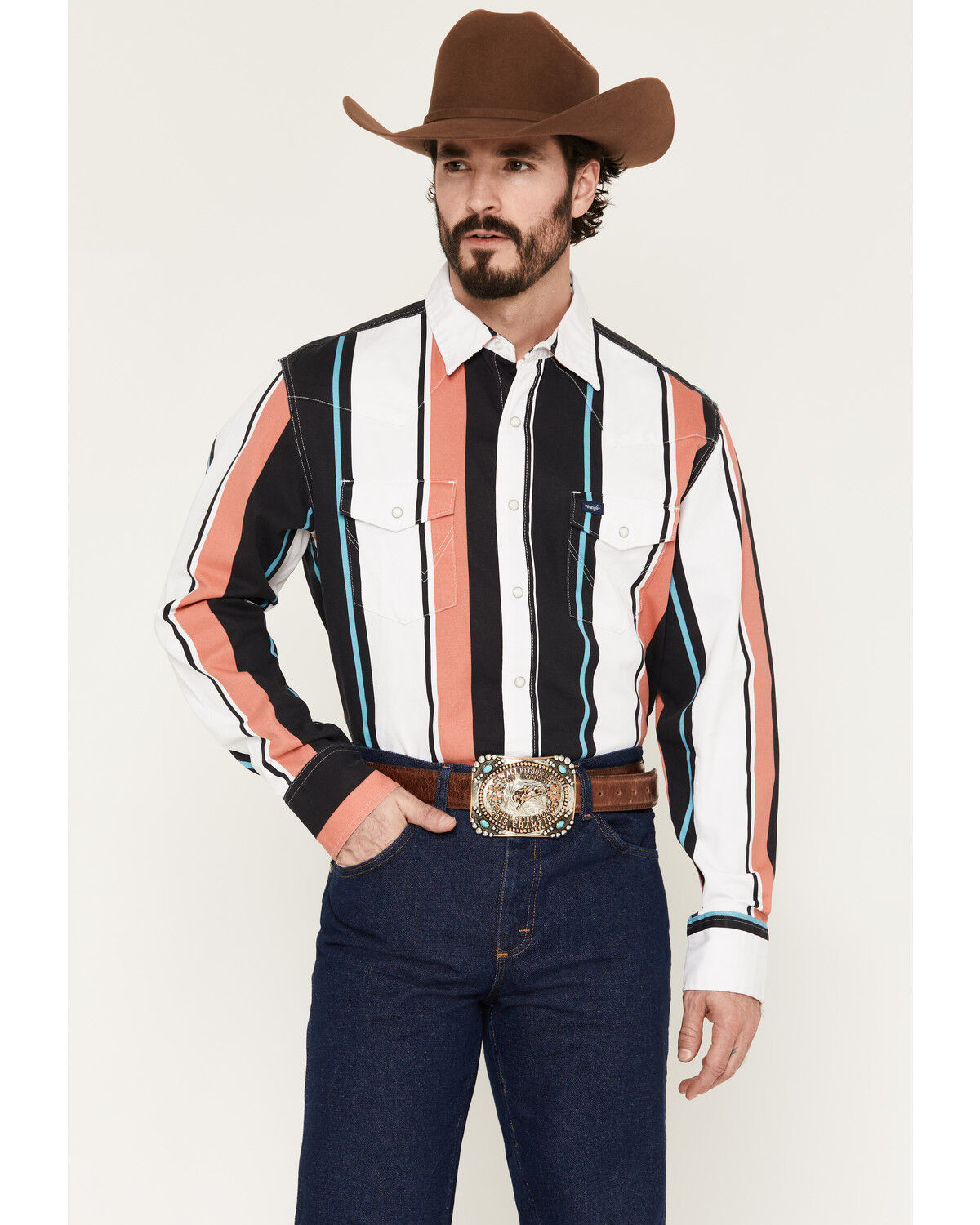Image #1 - Wrangler Men's Brushpopper Striped Long Sleeve Snap Western Shirt, Black, hi-res