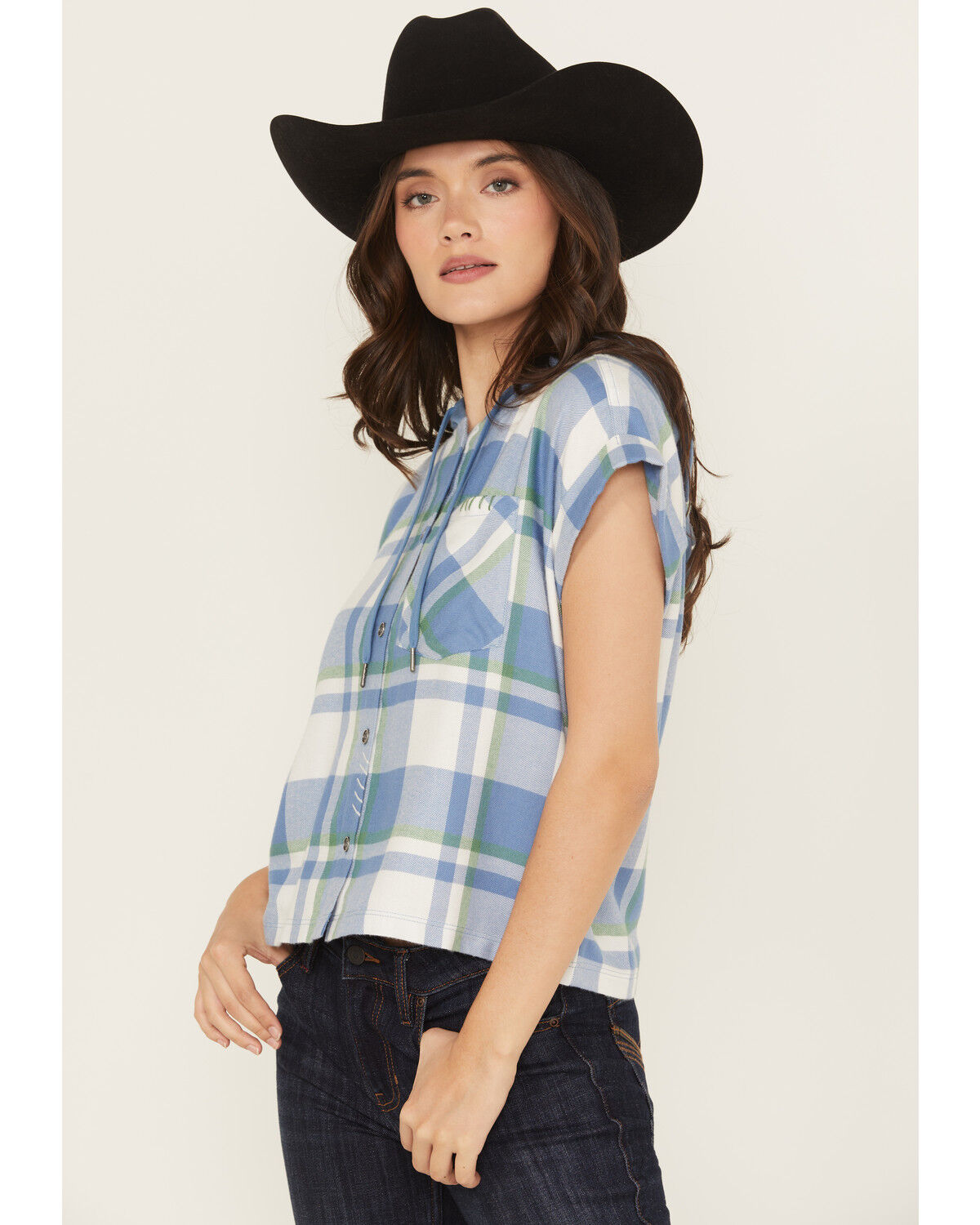 Image #2 - Cleo + Wolf Women's Electra Plaid Print Short Sleeve Button-Down Hooded Shirt, Steel Blue, hi-res