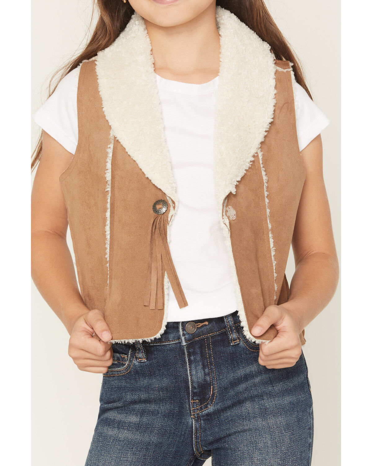Image #3 - Shyanne Girls' Sherpa Lined Concho Closure Faux Suede Vest, Coffee, hi-res