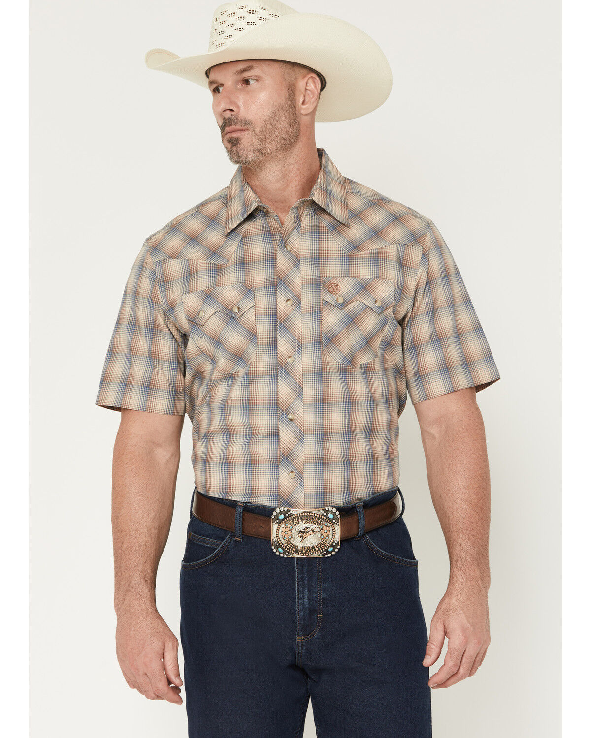 Image #1 - Wrangler Retro Men's Plaid Print Short Sleeve Snap Western Shirt, Brown, hi-res