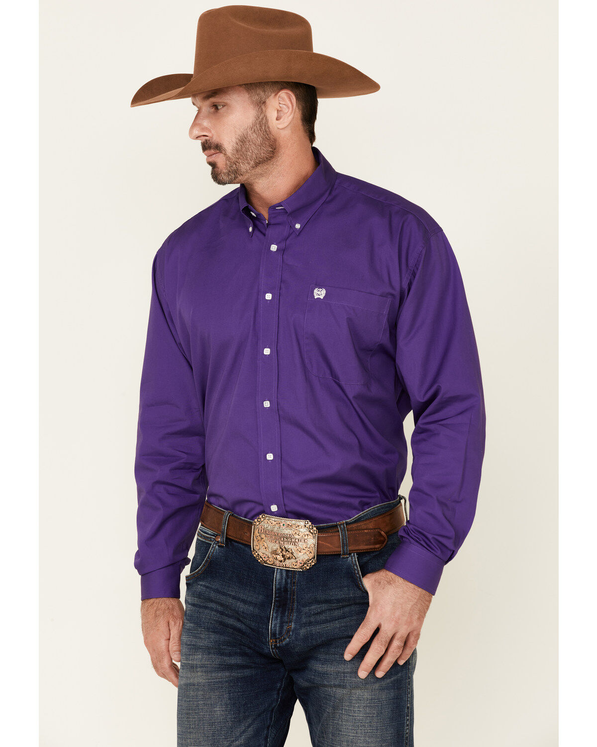 Cinch Men's Solid Long Sleeve Button-Down Western Shirt, Purple, hi-res
