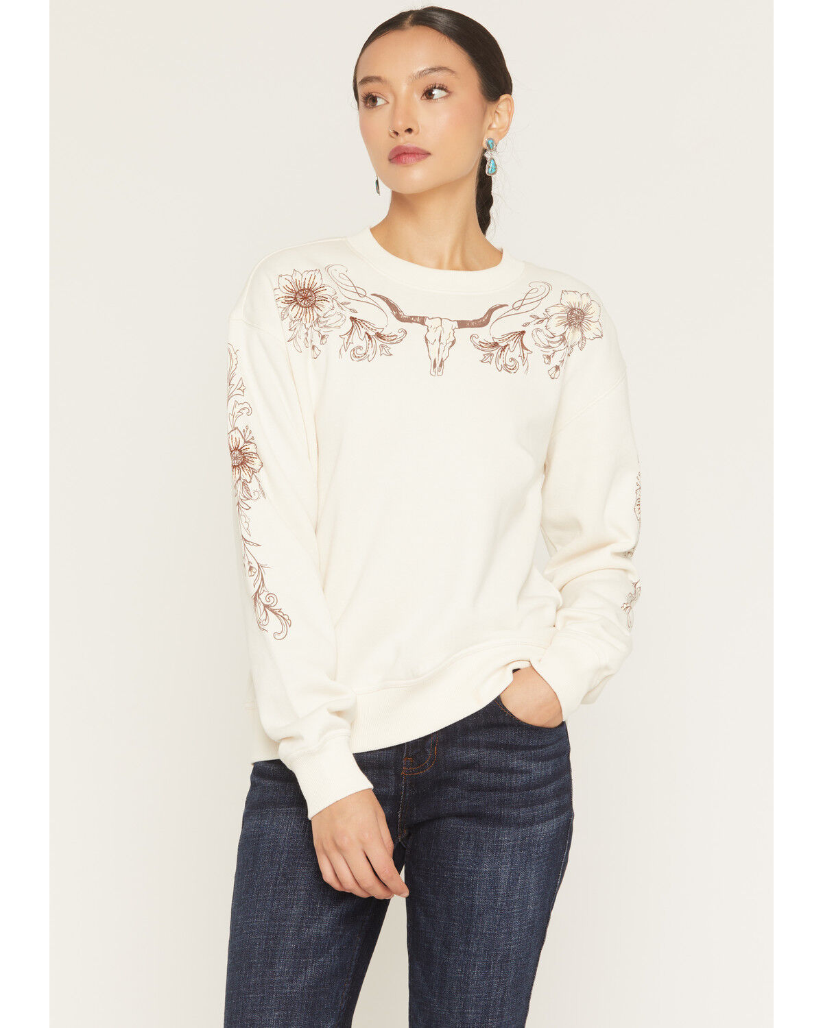 Idyllwind Women's Solona Steerhead Yoke Embroidered Crewneck Sweatshirt, Cream, hi-res
