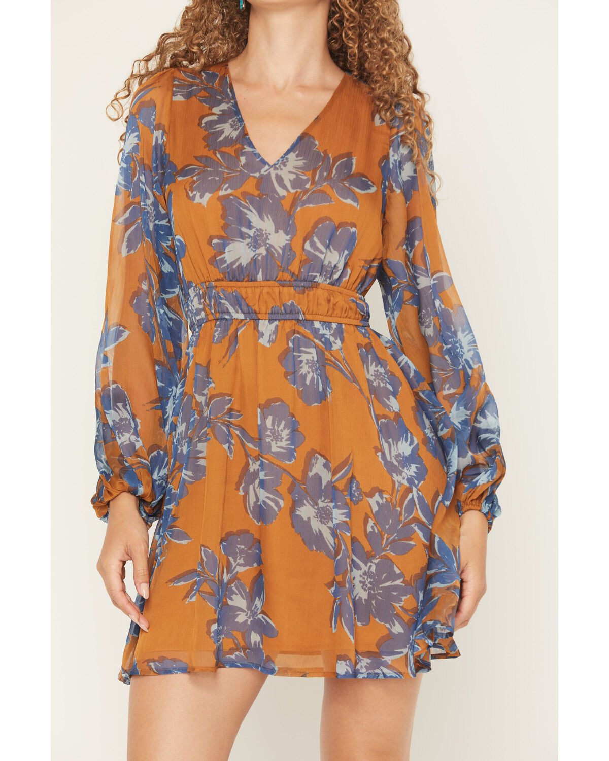 Image #3 - Shyanne Women's Floral Print Long Sleeve Chiffon Mini Dress, Pecan, hi-res