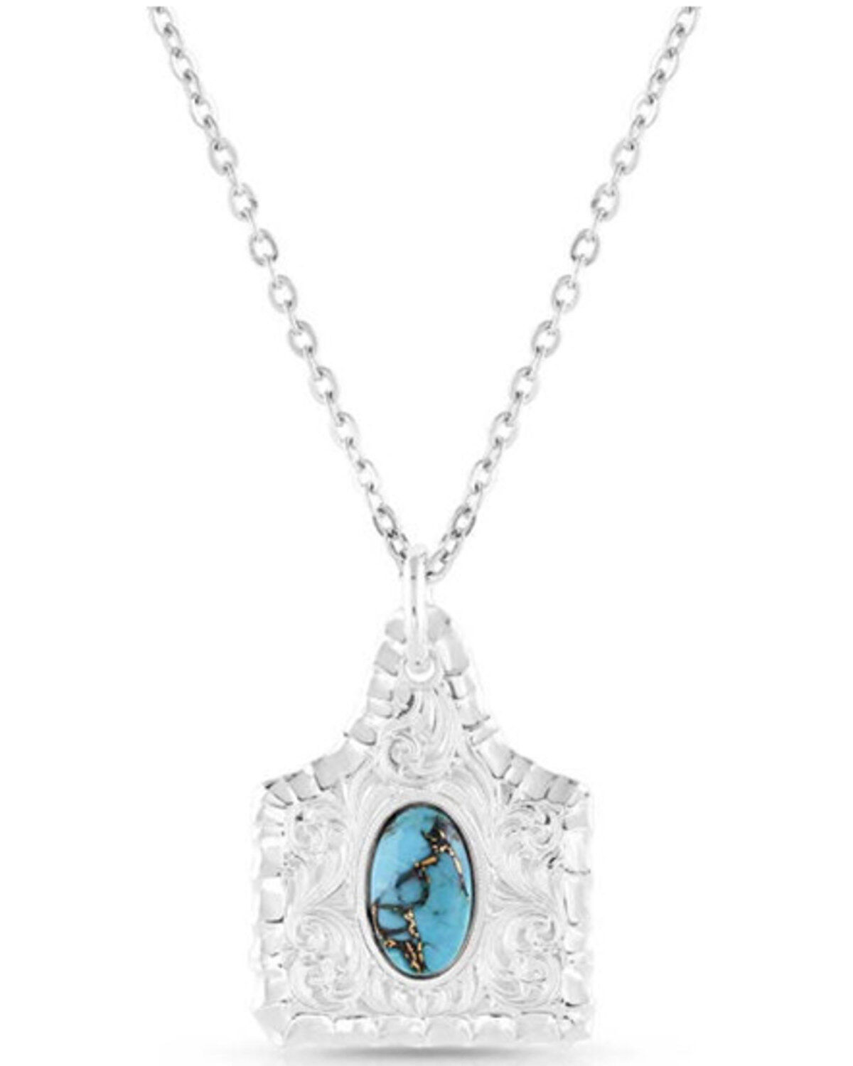 Image #1 - Montana Silversmiths Women's Chiseled Cow Tag Turquoise Necklace, Silver, hi-res