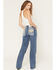 Image #1 - Miss Me Women's Medium Wash High Rise Paisley Pocket Slim 32" Bootcut Stretch Denim Jeans, Medium Wash, hi-res