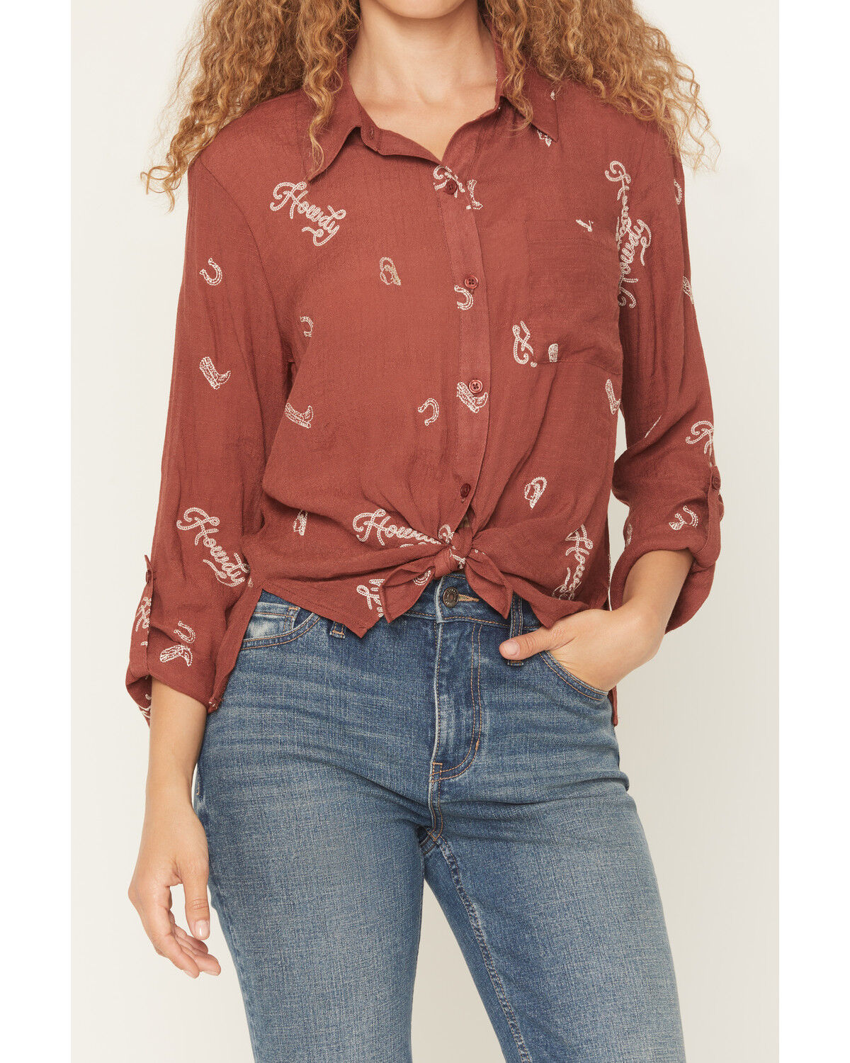 Image #3 - June & Hudson Women's Western Embroidered 3/4 Sleeve Button-Down Shirt, Dark Red, hi-res