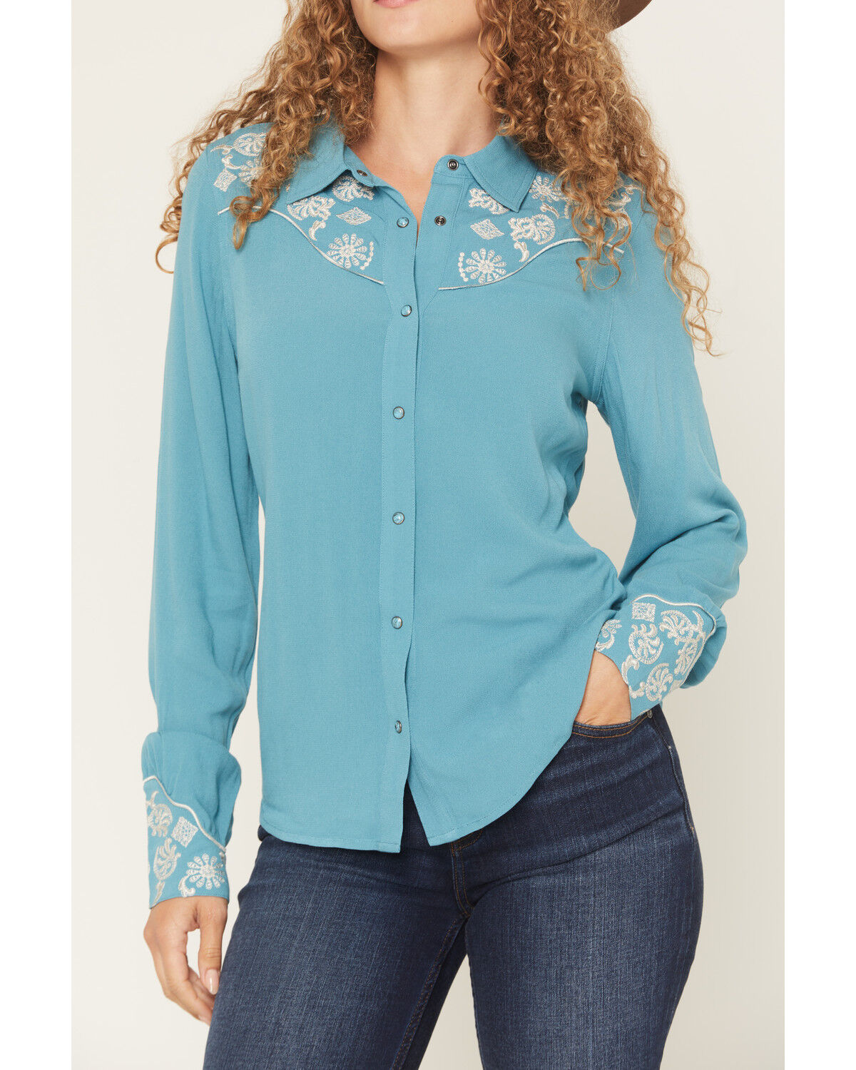 Image #3 - Shyanne Women's Bluespruce Embroidered Long Sleeve Snap Western Shirt, Turquoise, hi-res