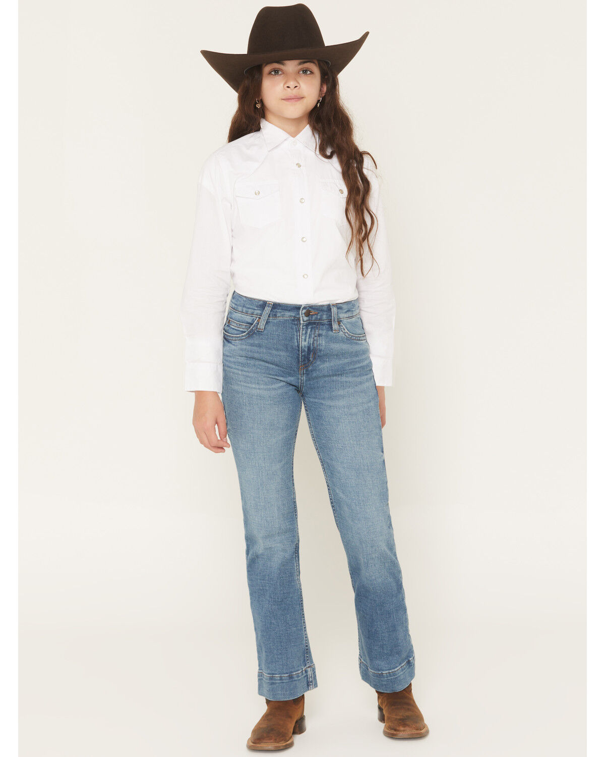 Image #1 - Wrangler Girls' Embroidered Trouser Stretch Denim Jeans, Blue, hi-res