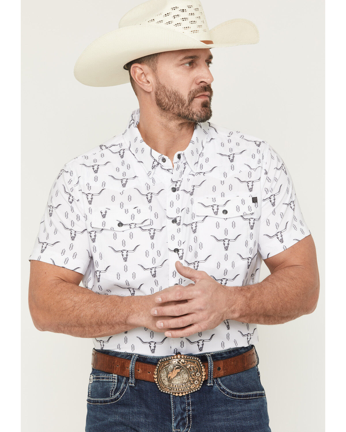 Image #1 - Rock & Roll Denim Men's TEK Steer Skull Short Sleeve Snap Stretch Western Shirt, , hi-res