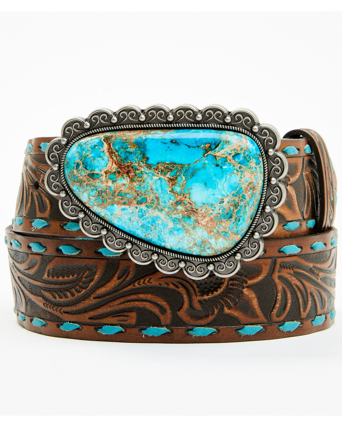 Image #3 - Shyanne Women's Sedona Turquoise Stone Buckle Whipstitch Leather Belt, Brown, hi-res