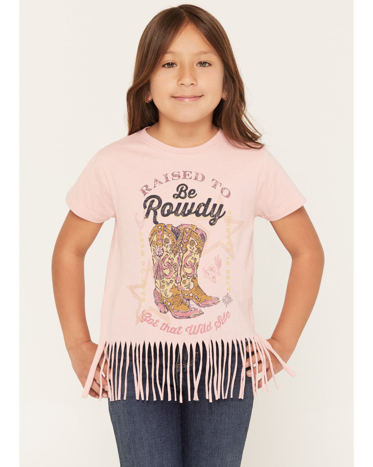 Image #1 - Shyanne Girls' Raised To Be Rowdy Short Sleeve Fringe Graphic Tee, Light Pink, hi-res
