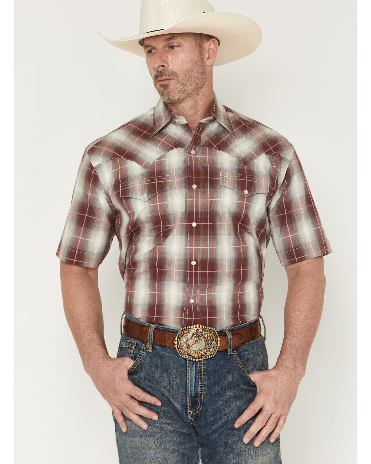 Image #1 - Stetson Men's Plaid Print Short Sleeve Snap Western Shirt, Burgundy, hi-res