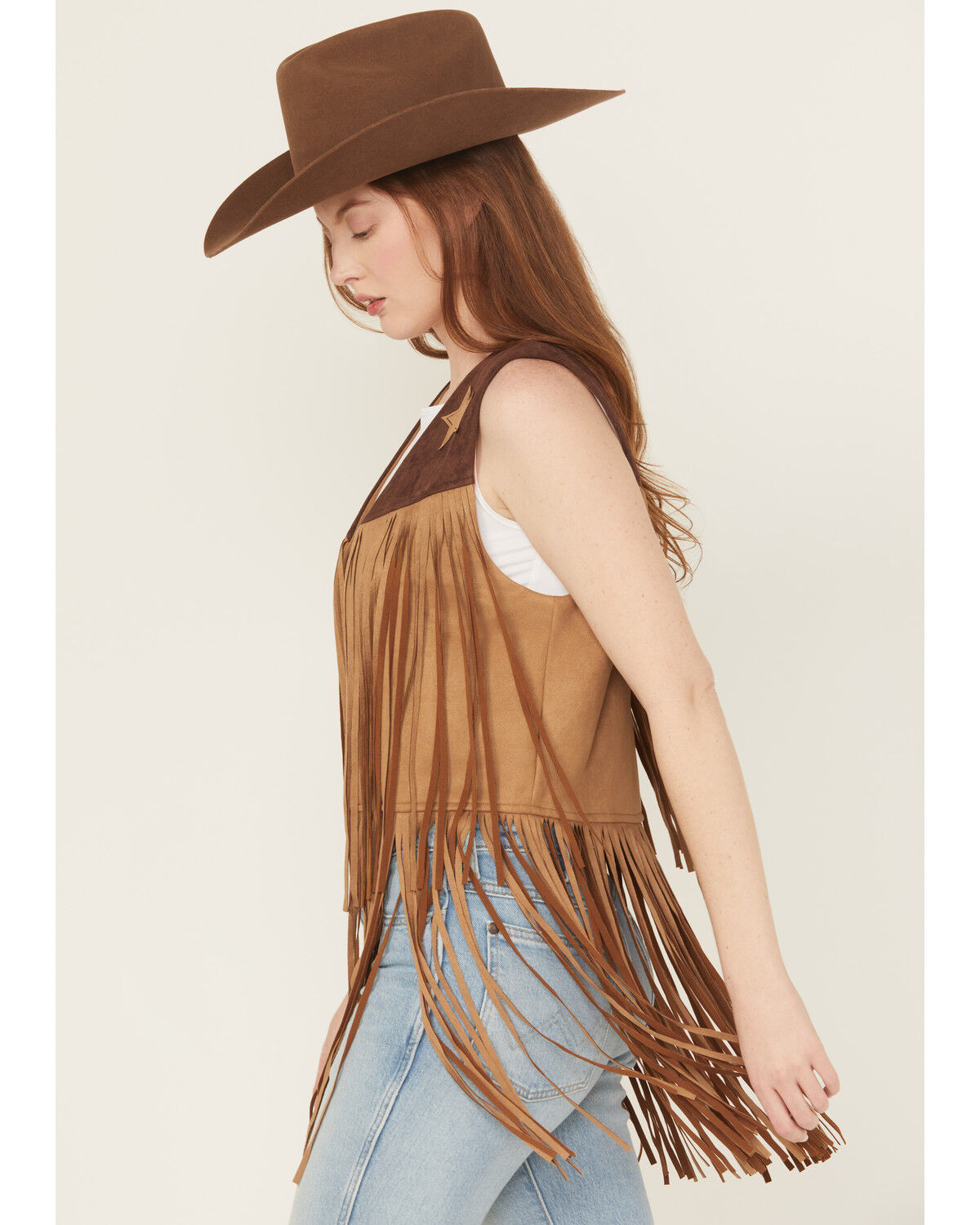 Image #2 - Saints & Hearts Women's Faux Suede Star Tiered Fringe Vest, Chocolate, hi-res