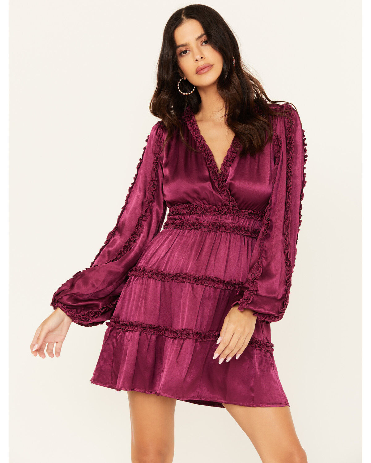 Image #1 - Shyanne Women's Long Sleeve Ruffle Mini Dress, Fuchsia, hi-res