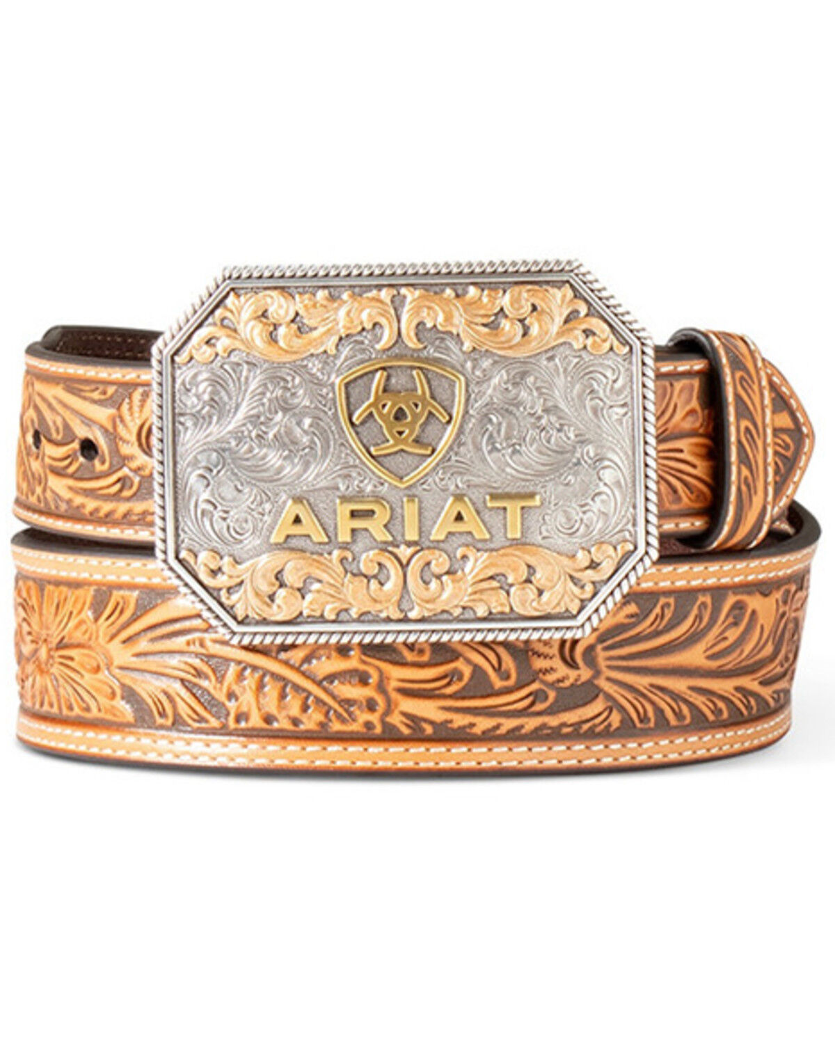 Ariat Men's Floral Embossed Leather Buckle Belt, Tan, hi-res
