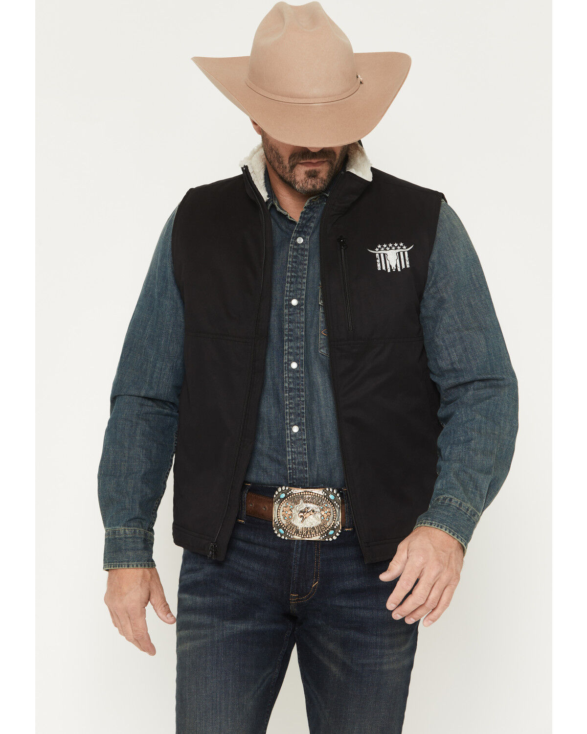 Image #1 - Cowboy Hardware Men's Skull Banner Twill Concealed Carry Vest, Black, hi-res