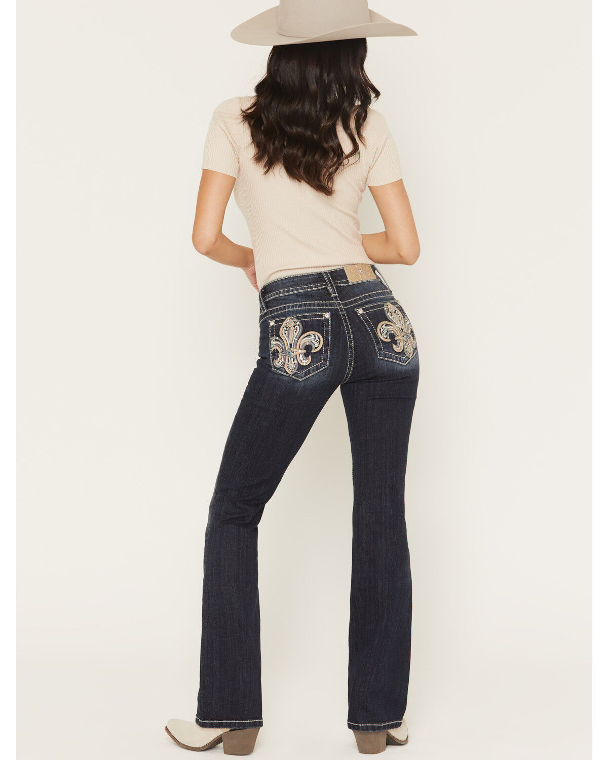 Miss Me Women's Medium Wash Mid Rise Fleur De Lis 32" Bootcut Stretch Denim Jeans, Medium Wash, hi-res