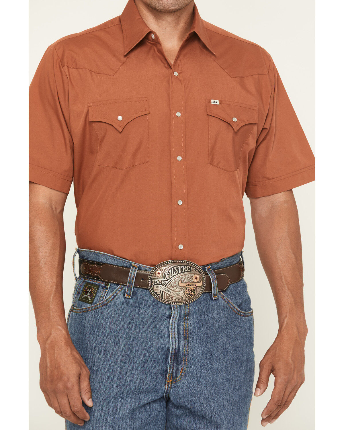 Image #3 - Ely Walker Men's Boot Barn Exclusive Solid Short Sleeve Snap Western Shirt, Rust Copper, hi-res