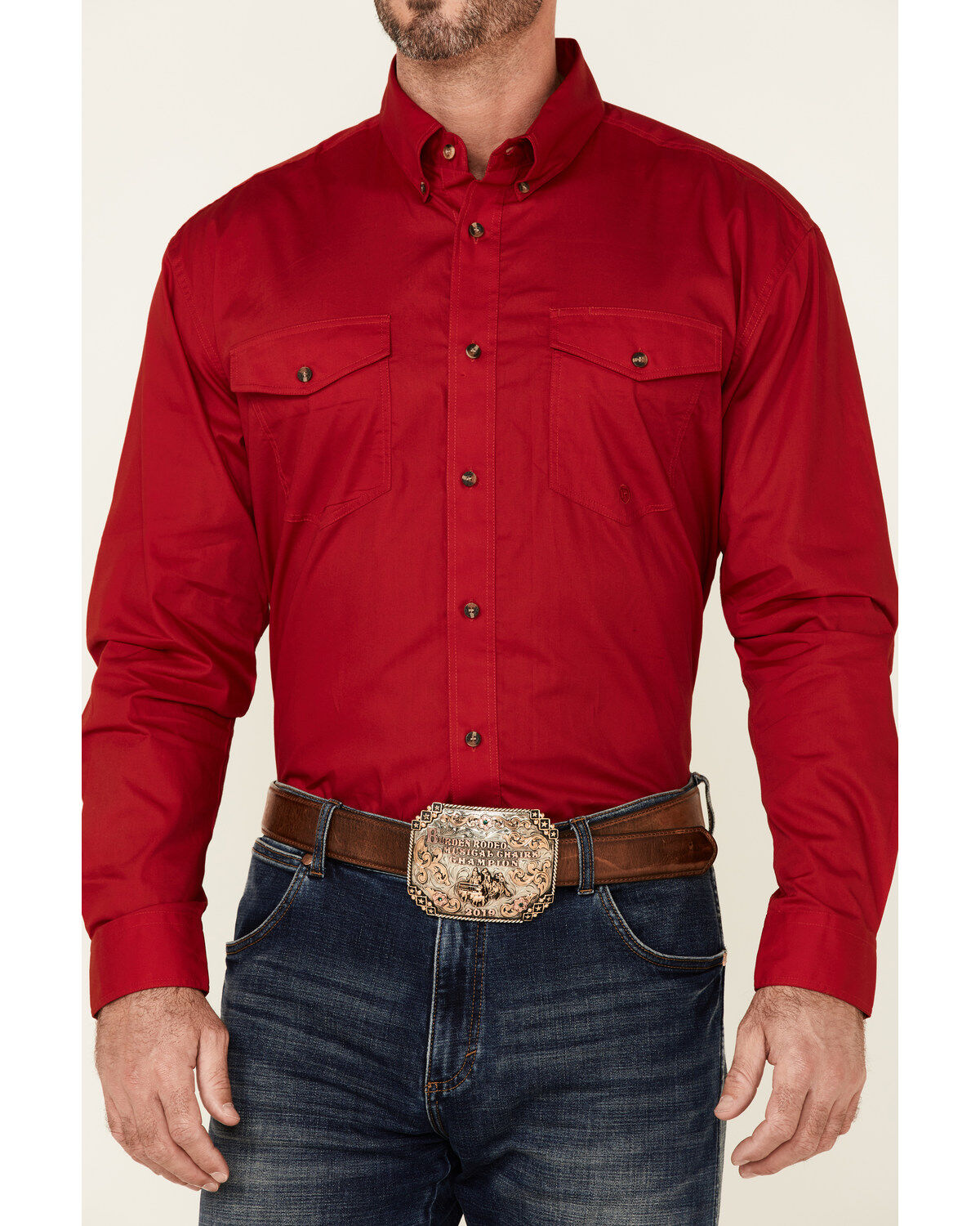 Image #3 - Roper Men's Solid Amarillo Collection Long Sleeve Button-Down Western Shirt, Red, hi-res
