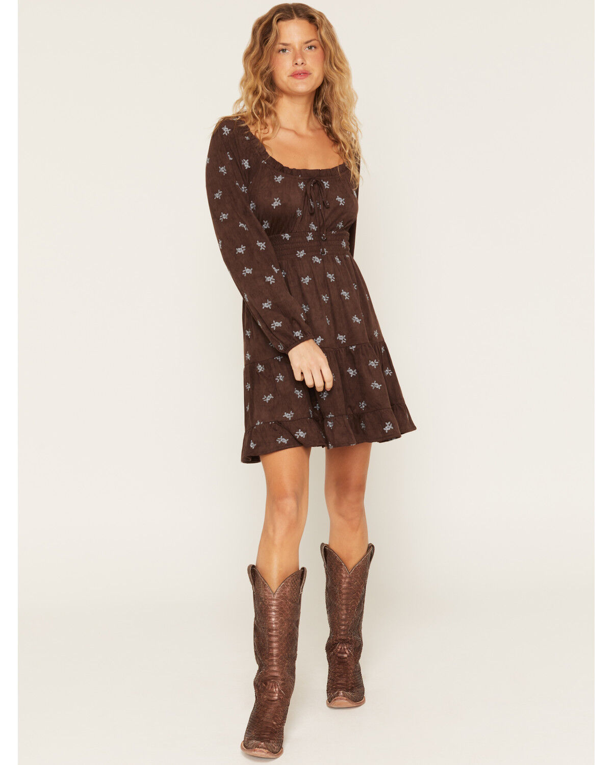 June & Hudson Women's Floral Embroidered Faux Suede Long Sleeve Mini Dress, Chocolate, hi-res
