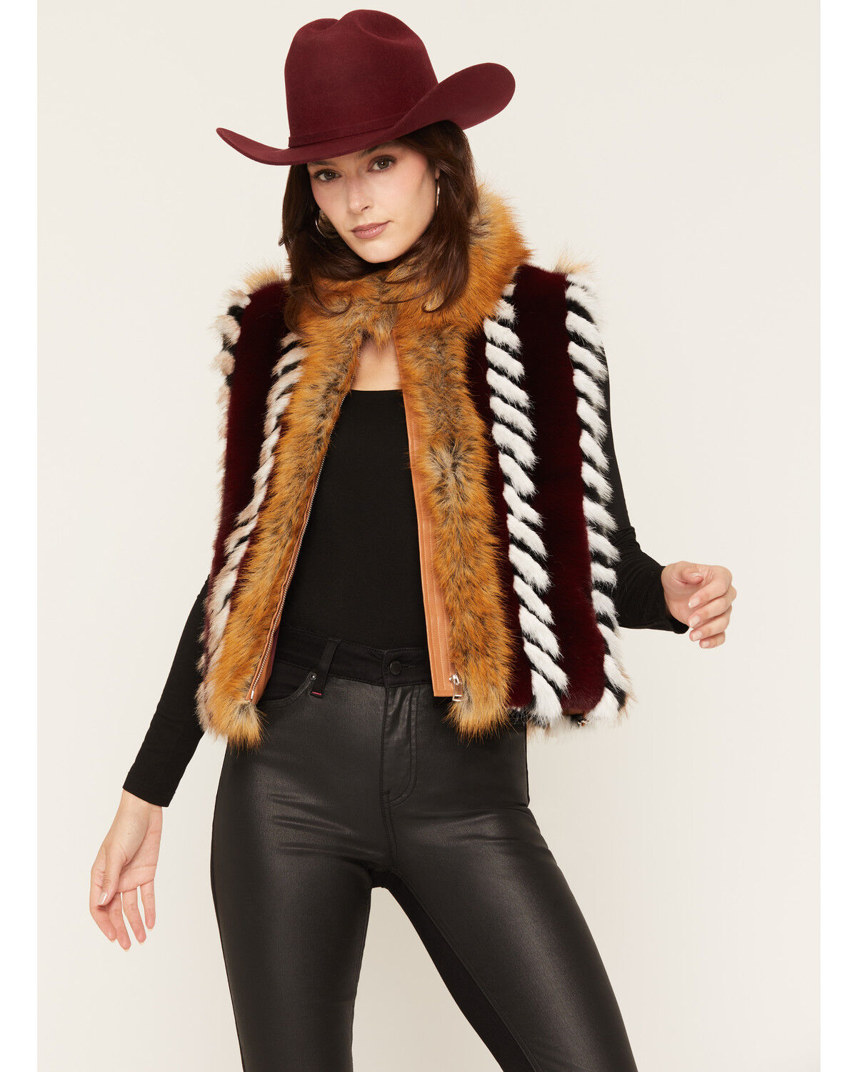 Image #1 - Azalea Wang Women's Striped Faux Fur Zip-Up Vest, Burgundy, hi-res