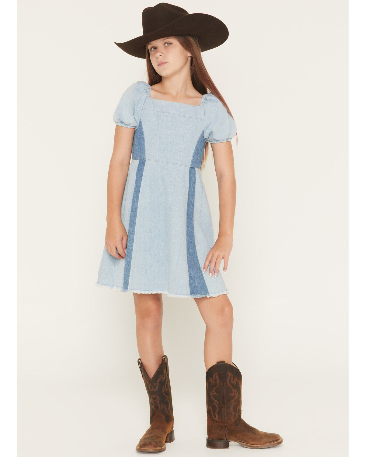 Self Esteem Girls' Short Sleeve Denim Dress, Blue, hi-res