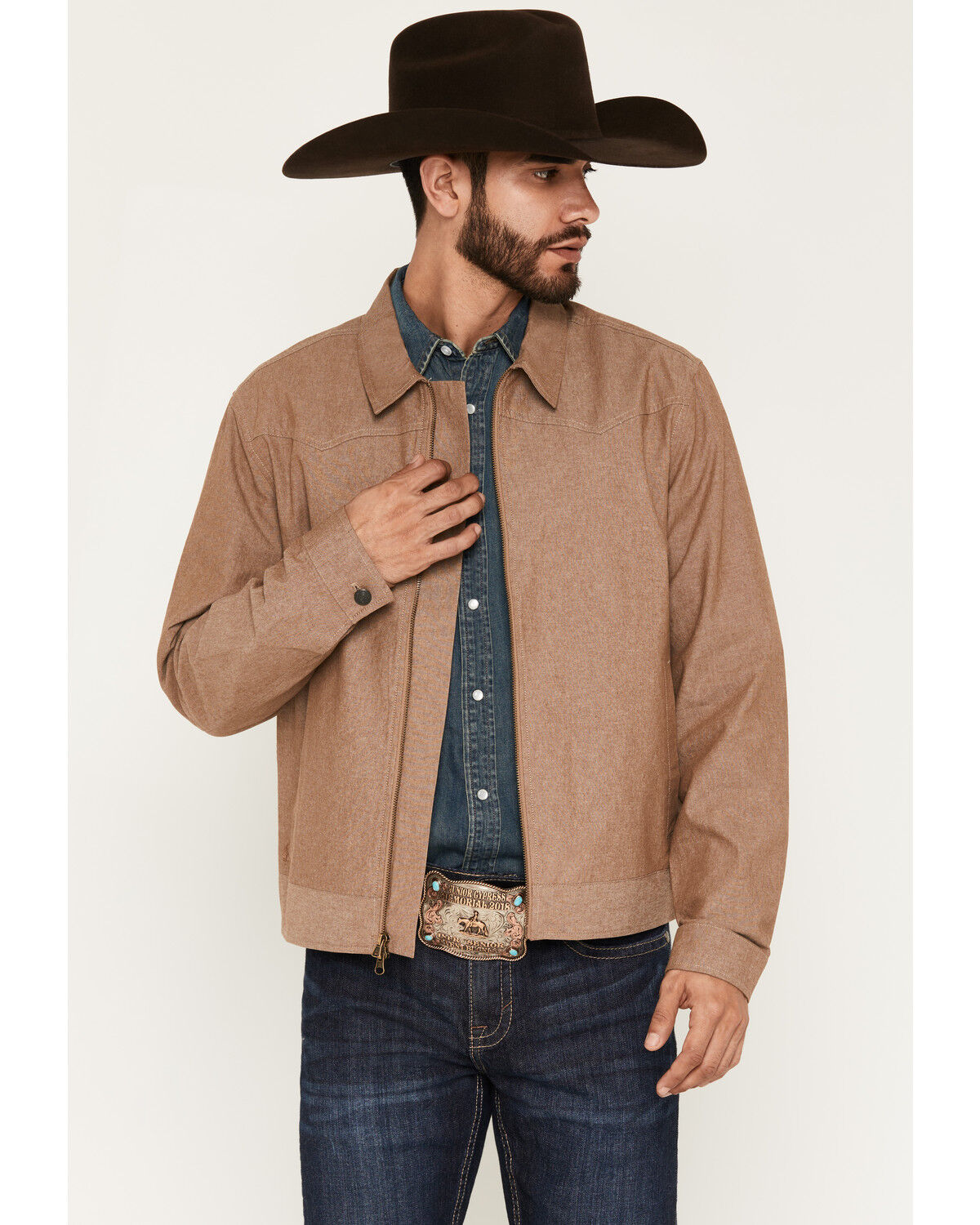Cody James Men's Chambray Lightweight Bomber Jacket, Khaki, hi-res