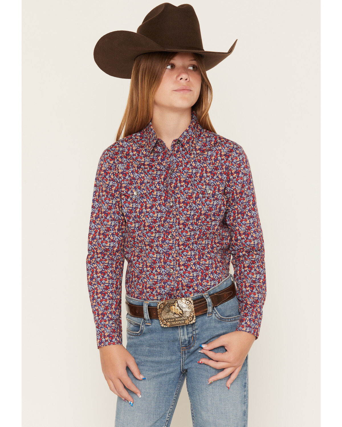 Image #1 - Cruel Girl Girl's Floral Print Long Sleeve Rhinestone Snap Western Shirt, Blue, hi-res