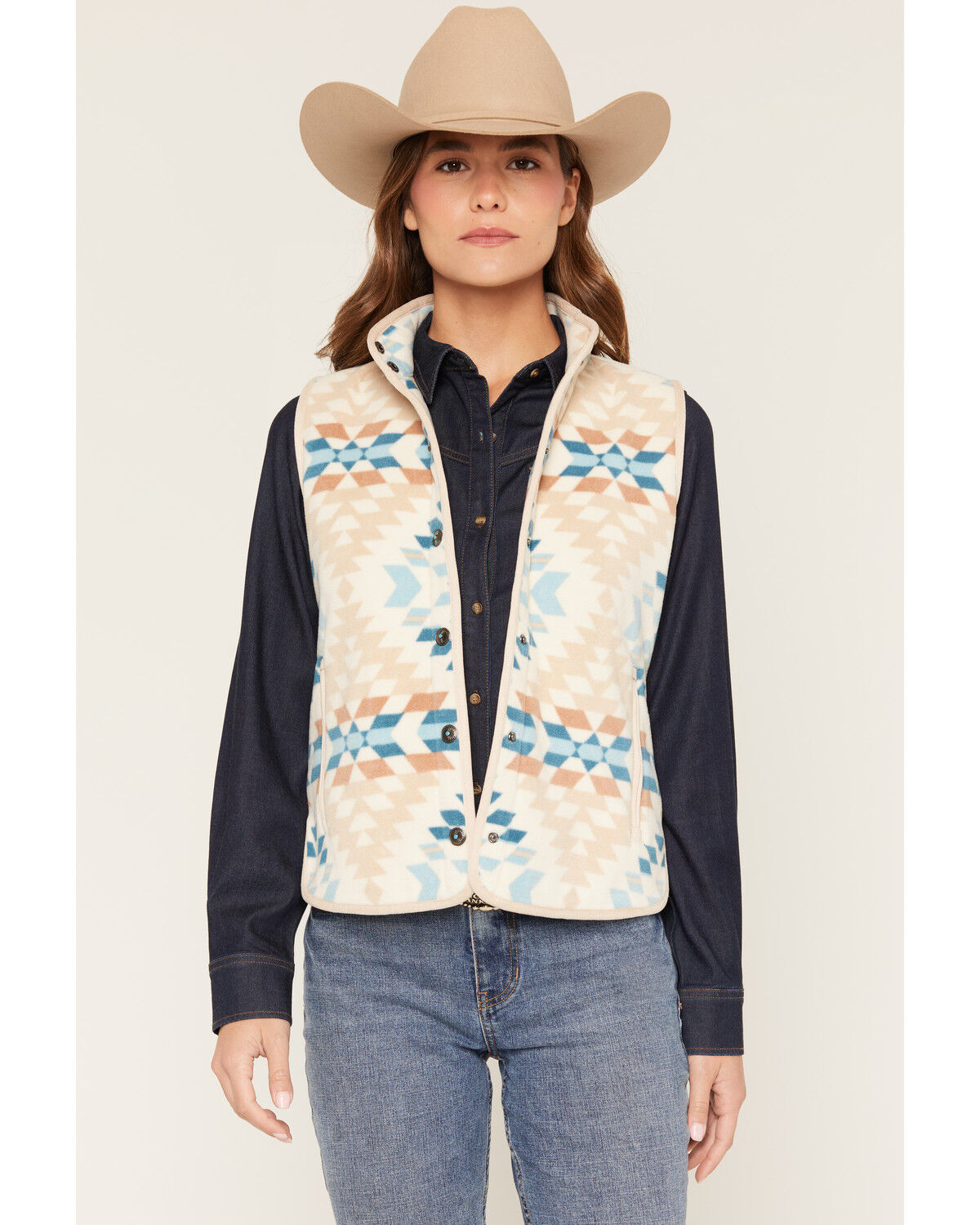 Shyanne Women's Southwestern Print Polar Fleece Vest, Khaki, hi-res
