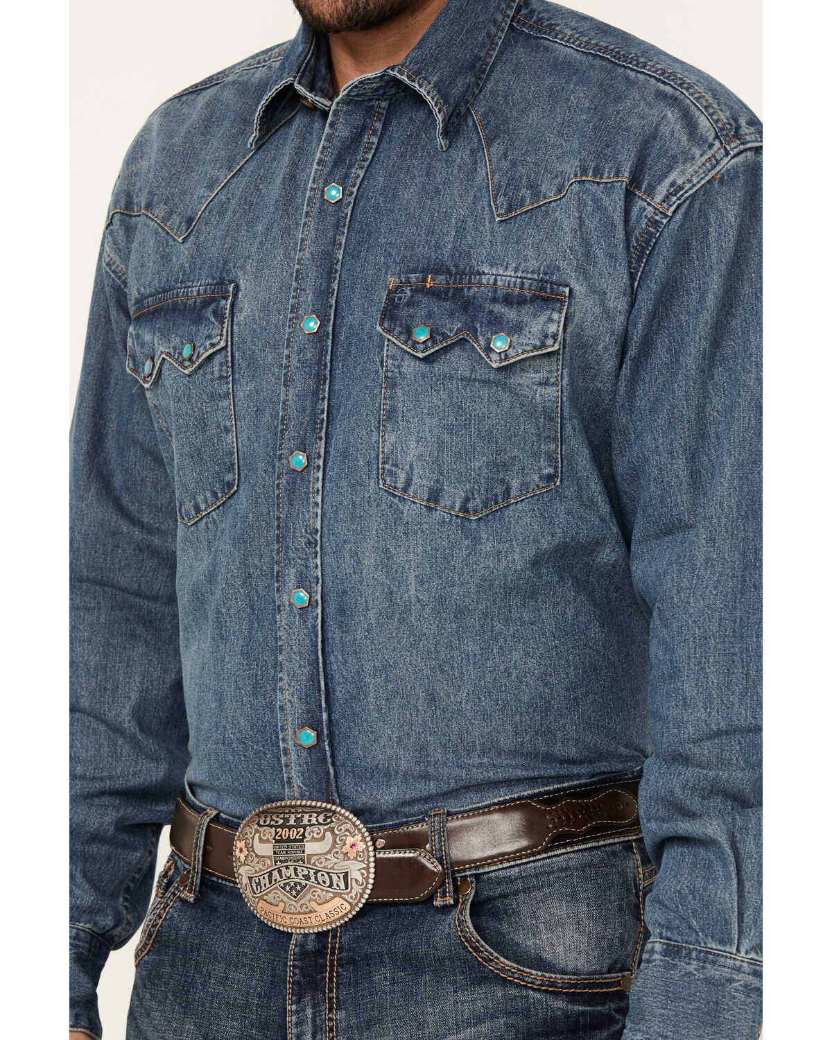 Image #3 - Stetson Men's Denim Long Sleeve Snap Western Shirt, Denim, hi-res