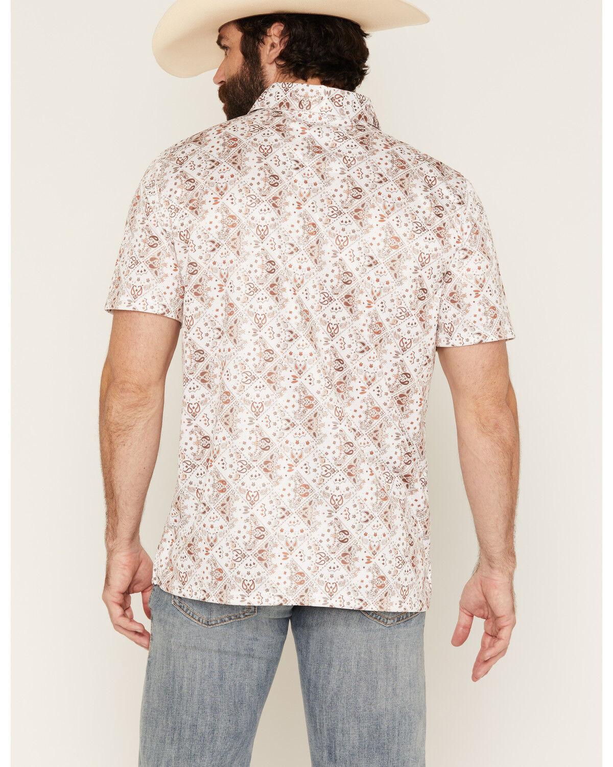 Image #4 - Panhandle Slim Men's Bandana Print Short Sleeve Pearl Snap Performance Polo, Natural, hi-res