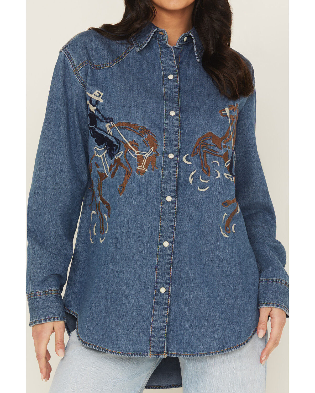 Image #3 - Wrangler Retro Women's Medium Wash Horse Embroidered Long Sleeve Snap Denim Shirt, Blue, hi-res