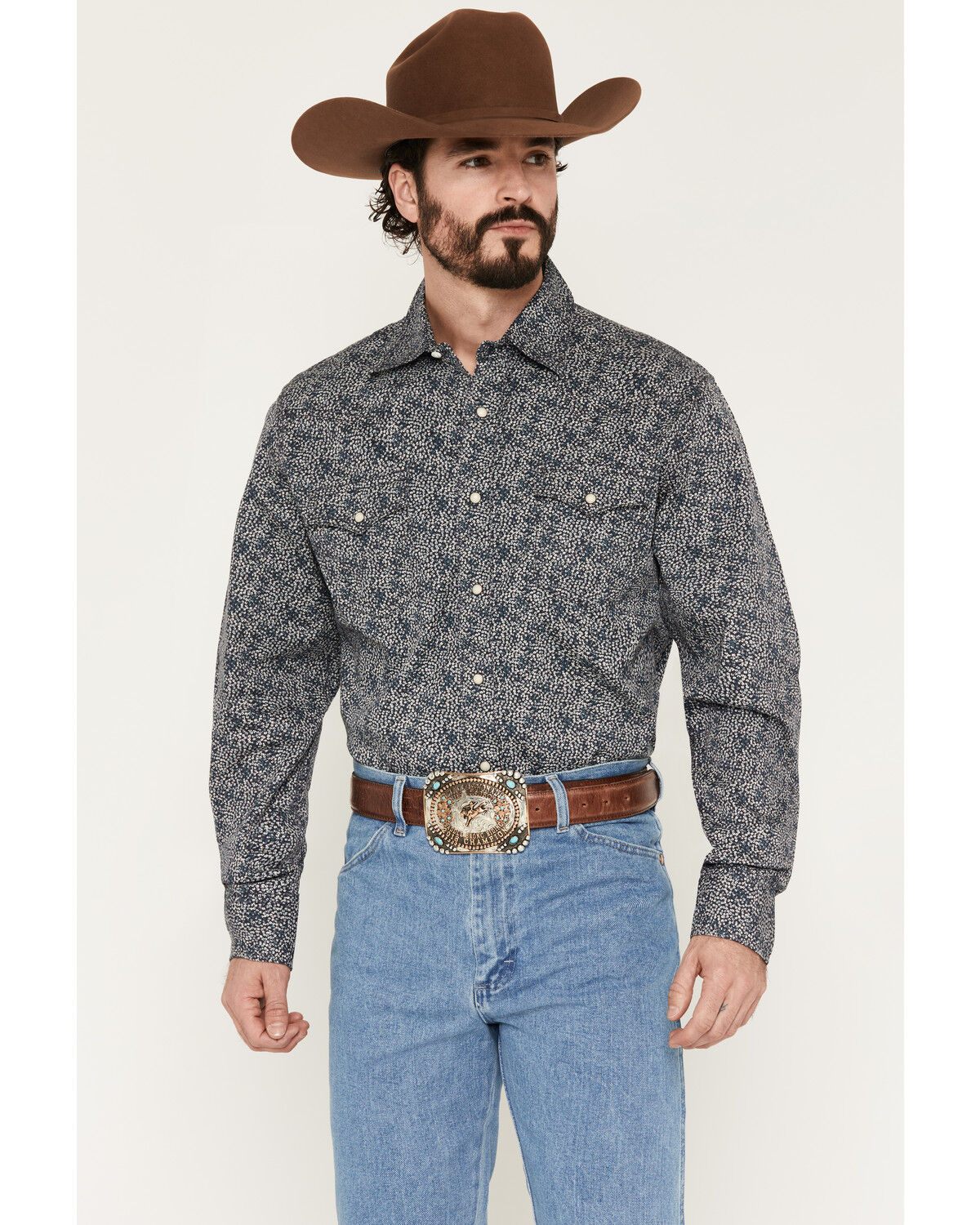 Image #1 - Wrangler Retro Men's Floral Print Long Sleeve Snap Western Shirt, Navy, hi-res