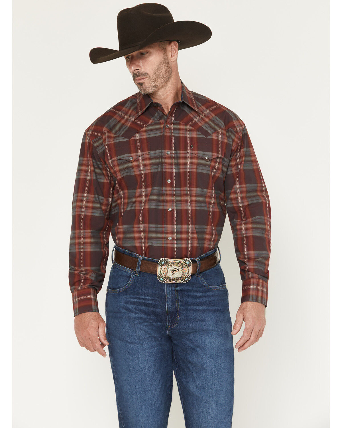 Stetson Men's Plaid Print Long Sleeve Snap Western Shirt, Wine, hi-res