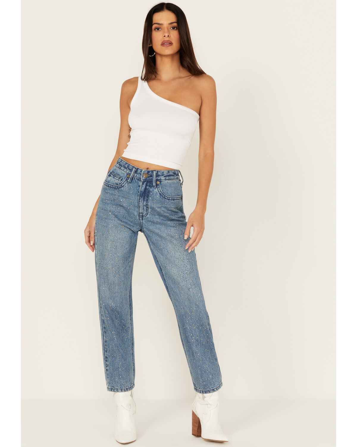 Image #1 - Rock & Roll Denim Women's Medium Wash High Rise Rhinestone Cropped Straight Jeans, Medium Wash, hi-res