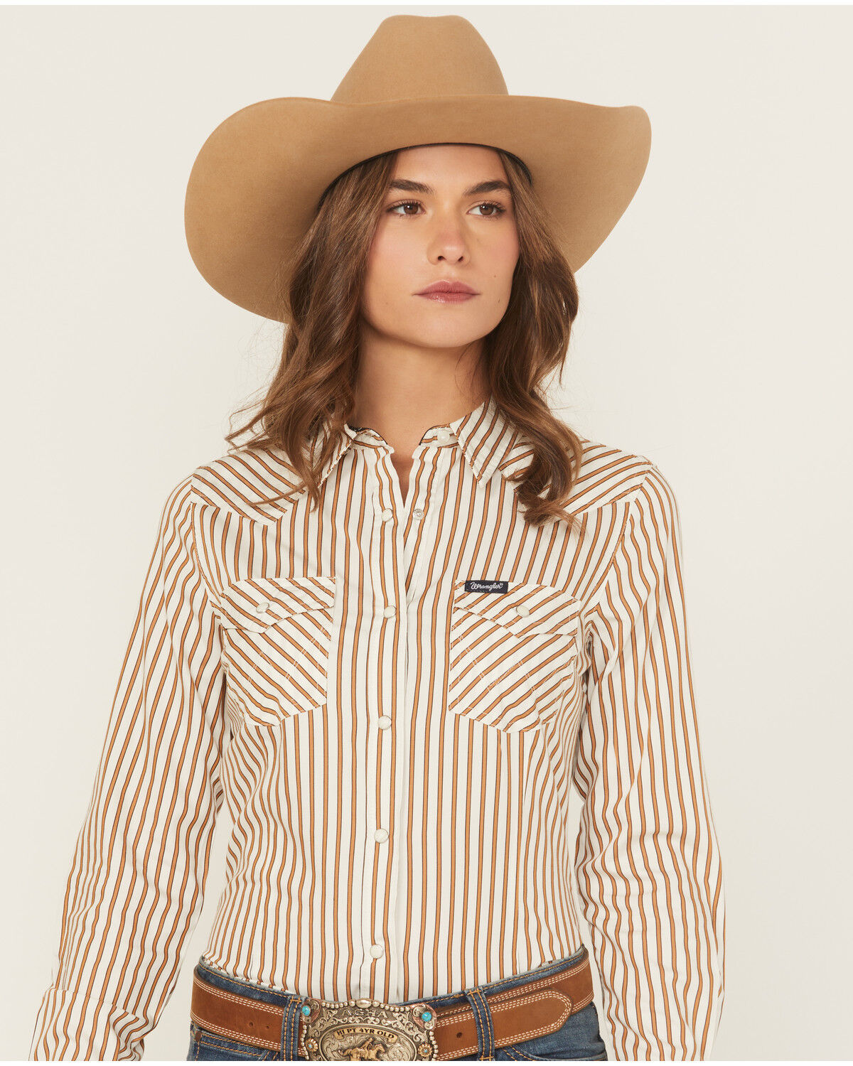 Image #1 - Wrangler Retro Women's Vertical Striped Long Sleeve Snap Western Shirt, Brown, hi-res