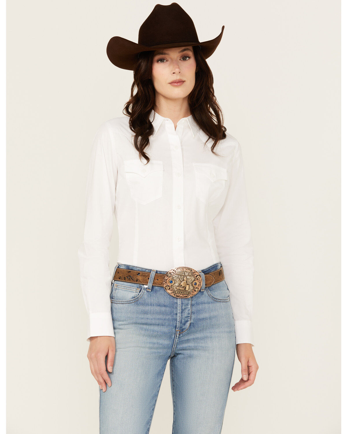 Image #1 - Wrangler Retro Women's Solid Long Sleeve Button-Down Stretch Western Shirt, White, hi-res