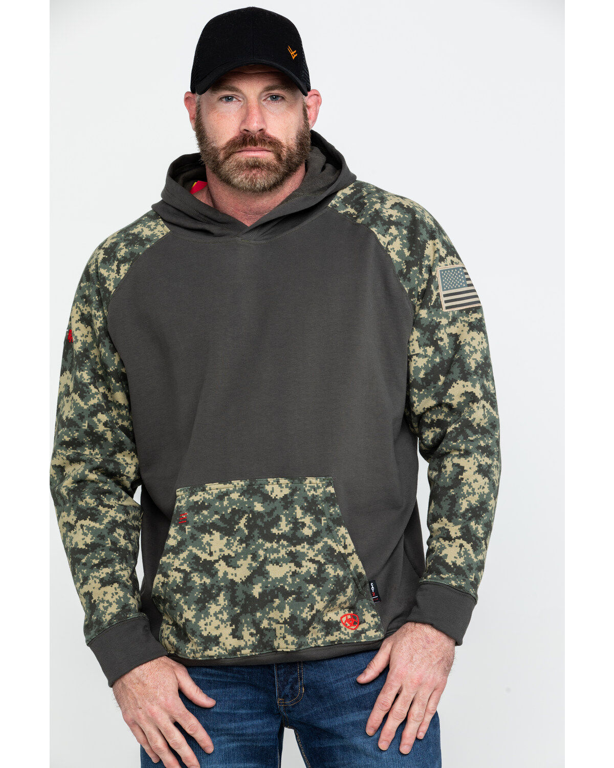 Image #1 - Ariat Men's FR Durastretch Camo Patriot Hooded Work Sweatshirt - Tall, Camouflage, hi-res