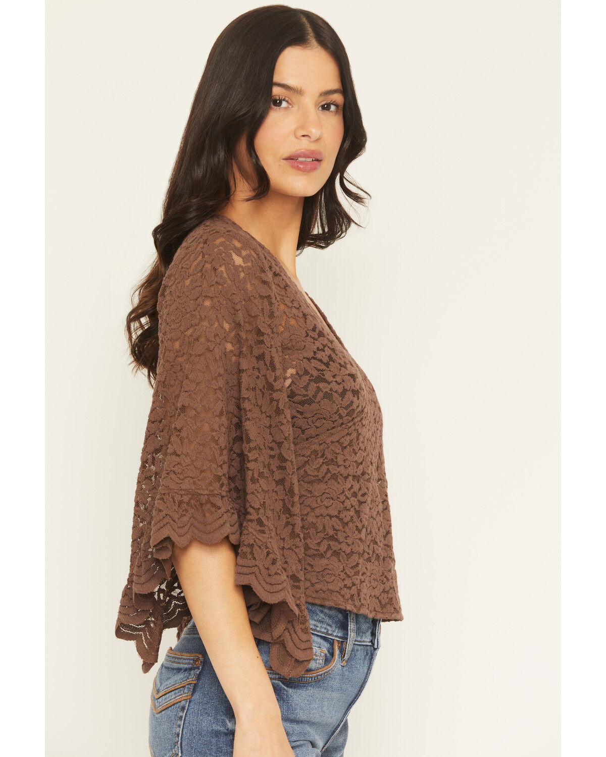 Image #2 - Shyanne Women's Wrap Front Long Sleeve Lace Top, Brown, hi-res